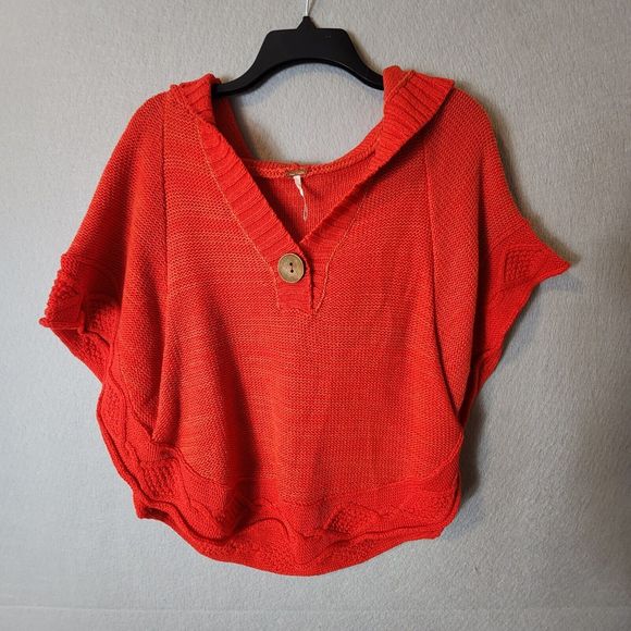 Free People Sweaters - Free People Orange Red Knit Hooded Poncho XXS / S